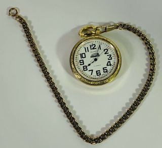 Splendor 17 Jewels 14s Gold Toned Railroad Pocket Watch W Chain Guaranteed