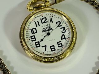 Splendor 17 Jewels 14S Gold Toned Railroad Pocket Watch w Chain Guaranteed 2