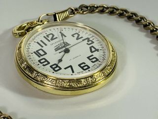Splendor 17 Jewels 14S Gold Toned Railroad Pocket Watch w Chain Guaranteed 3