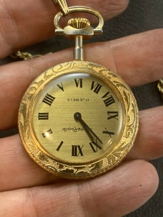 Vintage Andre Rivalle 17 Jewel Pocket Watch Necklace Flowers Enamel