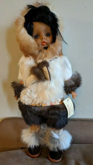 Memeluck Eskimo Doll Kukita Alaskan Inuit Fur Juneau Alaska Plastic 15 " Euc Tags