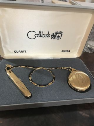 Colibri Swiss Gold Tone Quartz Pocket Watch W/chain & Pocket Knife Set - W/case