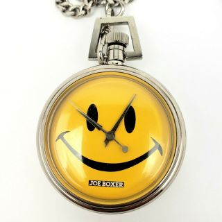 Vtg 1995 Joe Boxer Smiley Face Quartz Pocket Watch Stainless Steel with Chain 2