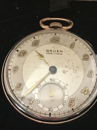 Vintage Gruen Veri - thin Pocket Watch 15 jewels 10K Gold Filled Case W Box 2
