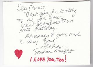 Sandra Knight Autographed Hand Written Note On Cut Card " Horror Movie Actress "