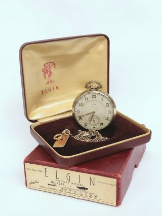 1938 Elgin Gf Pocket Watch W/case & Box No.  2342 10k Gold Filled Runs