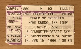 1999 Jay - Z / Dmx Hard Knock Life Tour Phoenix Arizona Concert Ticket Stub