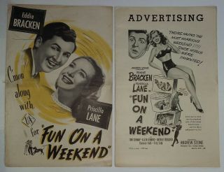Fun On A Weekend [1947] Eddie Bracken,  Priscilla Lane Film Advertising Press Kit