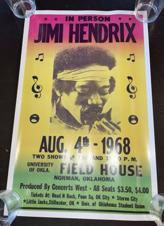 1968 Jimi Hendrix Window Card Poster Norman Oklahoma University 14x22