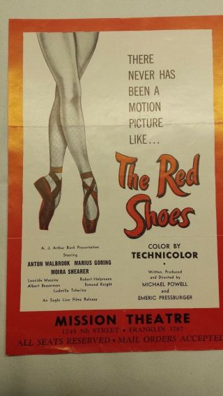 1949 The Red Shoes Playbill Movie Mission Theatre San Diego 6 " X 9 "