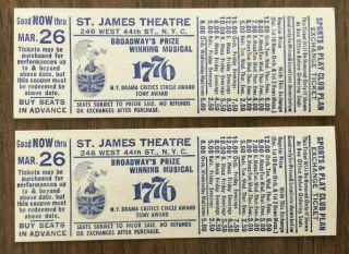 2 Vintage 1971 St.  James Theatre Broadway Musical 1776 Tickets Stubs