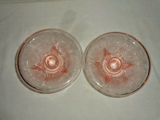 Hazel Atlas Glass Pink " Royal Lace " Rolled Edge Candlestick Holders Pair