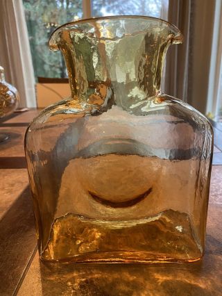 Blenko Amber Gold Honey Color Double Spout Glass Vase Water Pitcher Bottle