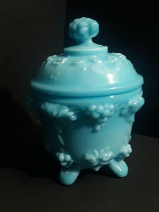 Portieux Vallerysthal Blue Milk Glass Candy Dish With Lid Grapes And Leave.