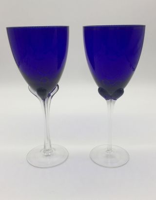 Hand Blown Cobalt Blue Wine Goblet Set Of Two 9.  5” Tall