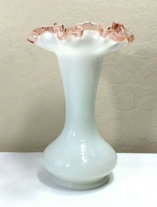 Vintage Fenton Milk White Glass Vase With Light Pink Ruffled Rim