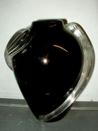 Vintage Blown Glass Art Deco Vase - Black Amethyst - Applied Clear Swirl Handles