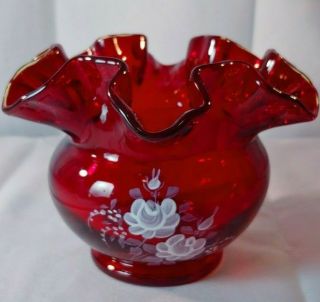 Signed M.  Wagman Fenton Ruby Red Glass Hand Painted Floral Fluted Bowl Vase