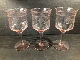 3 Vintage Depression Glass Pink Etched Optic Wine Goblets