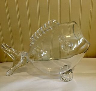 Vintage Large Blown Glass Wide - Mouthed Fish Candy Jar