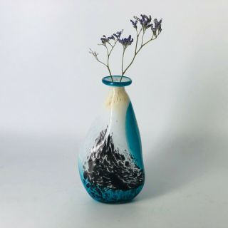 Stunning Vintage Mdina Malta Art Glass Heavy Posy Bud Vase 18cm Blue White Black