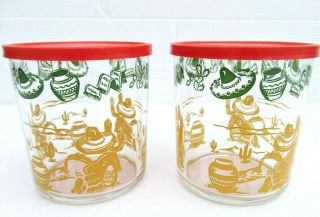 2 Vintage Hazel Atlas Sombrero Sam Glass Sour Cream Jars With Lids Southwestern