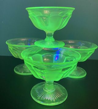 4 Fab Bright Uv Uranium Green Art Deco Davidson Frosted Glass Set Dessert Bowls