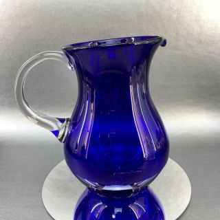 Vintage 8” Cobalt Blue Hand Blown Glass Pitcher Jug Indigo Water Clear Handle