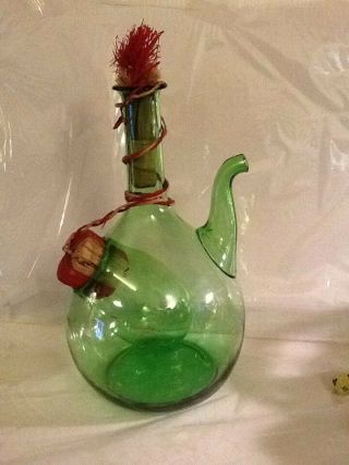 VINTAGE HAND BLOWN GREEN GLASS WINE BOTTLE DECANTER WITH ICE CHAMBER FROM ITALY 2