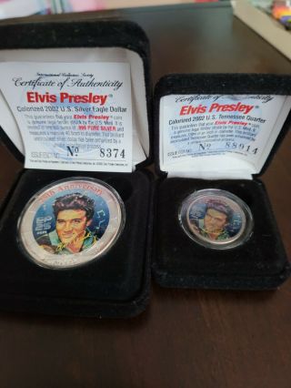 Colorized Elvis Presley 2002 American Eagle 1oz Silver Dollar & Tn Quarter W/coa