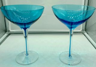Set Of (2) Blue Modern Art Deco Glasses Sz 7.  5in Tall