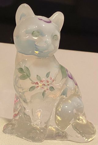 Artist - Signed Fenton Glass Opalescent Cat,  Hand - Painted Lavender & Pink Flowers