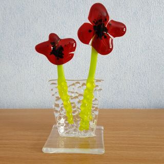 Handmade Freestanding Fused Glass Red Poppies In Vase
