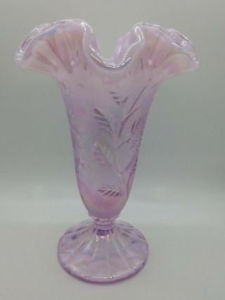 Vintage Fenton Art Glass Vase Iridescent Pink On Top Embossed Scalloped