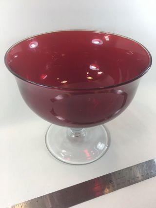 Vintage Ruby Red Art Glass Bowl With Clear Stem & Base 8” High