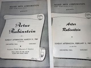 4 Artur Rubinstein Piano Programs Chicago Orchestra Hall,  ‘67,  ’68,  ‘69 Allied Art