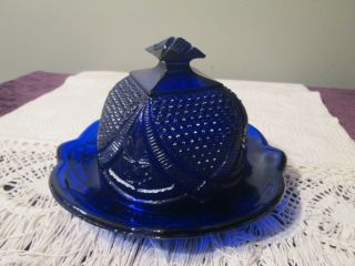 Vtg Cobalt Blue Depression Glass Covered Dome 2 Piece Butter Cheese Dish 8.  5 " W
