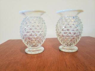 Pair Fenton French Opalescent Hobnail Glass Bud Vases Cabinet Miniature 3.  5 "