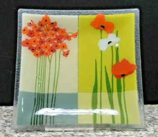 Peggy Karr Handmade Fused Art Glass Tray Flower Duet Signed
