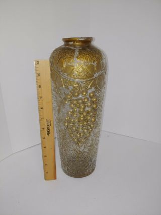 Vintage Goofus Glass Vase With Grape Pattern Vintage 1900s 14 " Tall Gold