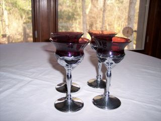 Set Of 4 Farber Brothers Chrome Cambridge Amethyst Crystal Cocktail Glasses