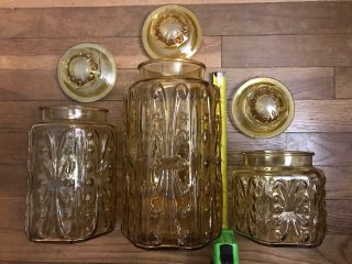 Le Smith Atterbury Scroll Amber Glass Canister Set Of 3 Vintage
