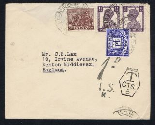 India Cover Mixed Value Post Independence Postage Due To Kenton Harrow 1951