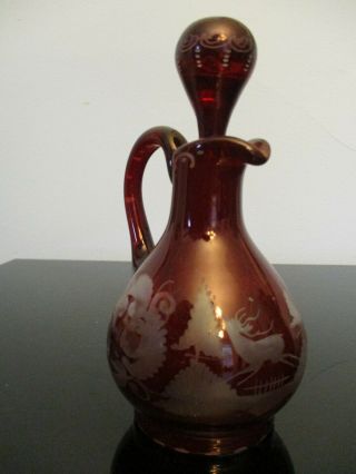 Antique Vintage Czech Bohemian Ruby Red Cut To Clear Stag Rococo Glass Cruet