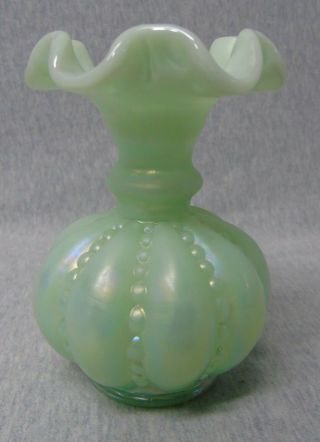 Vintage Fenton Green Melon Satin Overlay Iridescent Vase T678