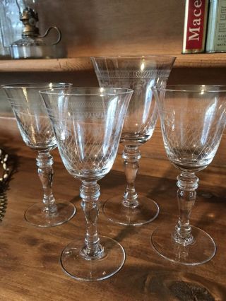 English Engraved Antique Crystal Glasses Pall Mall Lady Hamilton Pattern Set/4