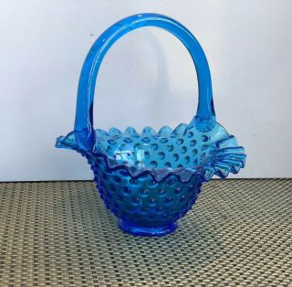Vtg Fenton Blue Glass Basket Handle Hobnail Crimped Edge