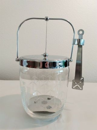 Vintage 1950s Mcm Barware Noritake Sasaki Bamboo Etched Glass Ice Bucket & Tong