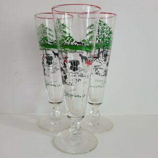 Set Of 3 Vintage Libbey Currier & Ives Farm Scene Pilsner Beer Bar Glasses