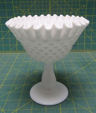 Vintage Fenton Hobnail Ruffled White Milk Glass Candy Nut Pedestal Dish Compote